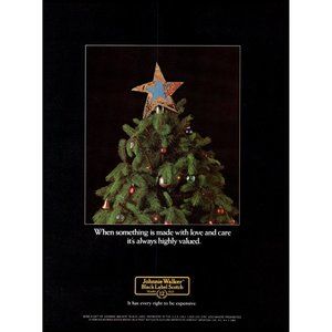 1984 Johnnie Walker Scotch Black Label Vintage Print Ad Christmas Tree Star Art